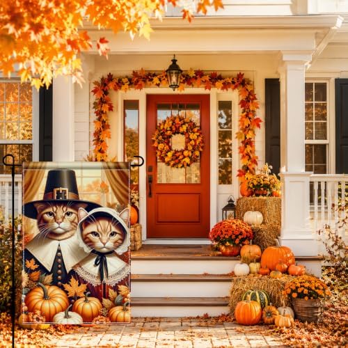 BlissYard Thanksgiving Garden Flag Pilgrim Cats Pumpkin 12x18 Inch Decor - Image 4