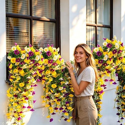 6 Pcs Artificial Hanging Flowers 30 Inch Mixed Color Yellow Purple White Morning Glory Vines UV Resistant Fake Hanging Plants Silk Hanging Flowers for Outdoor Garden Porch Patio Window Decor - Image 5