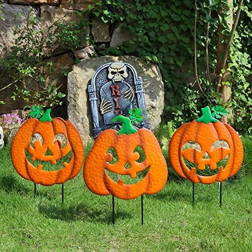 Juegoal 3 Pack Halloween Lighted Pumpkin Garden Stakes, Metal Jack-o-Lantern Light Up Outdoor Decor, Halloween Yard Signs with Battery Powered & Timer, Decorative Pumpkins Figurine for Lawn Pathway - Image 5