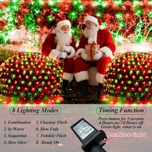 Lovelite 300LED Christmas Net Lights, 14.8ft x 5ft Mesh Lights Outdoor Green Wire 8 Modes Timer, Waterproof Connectable String Lights for Bushes Xmas Tree Garden Holiday Party Decor - Red Green - Image 2