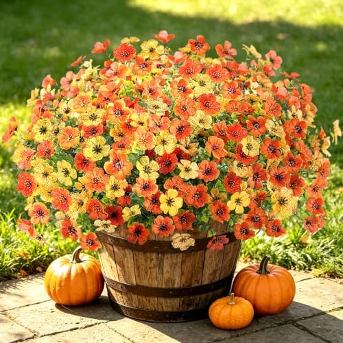 Fall Mums Artificial Flowers for Outdoors Potted, 12 Bundles Fake Fall Daisy Flower with Realistic Eucalyptus Leaves, Fake Plants for Greenery Boxwood Porch Patio Garden Pot Lawn(Yellow Orange) by Ammyoo