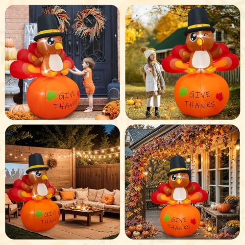 OurWarm 6FT Thanksgiving Inflatables Turkey Outdoor Decorations, Blow Up Turkey Inflatable on Pumpkin with Built-in LEDs, Happy Thanksgiving Blowups Yard Decorations for Outside Fall Garden Lawn Decor - Image 6