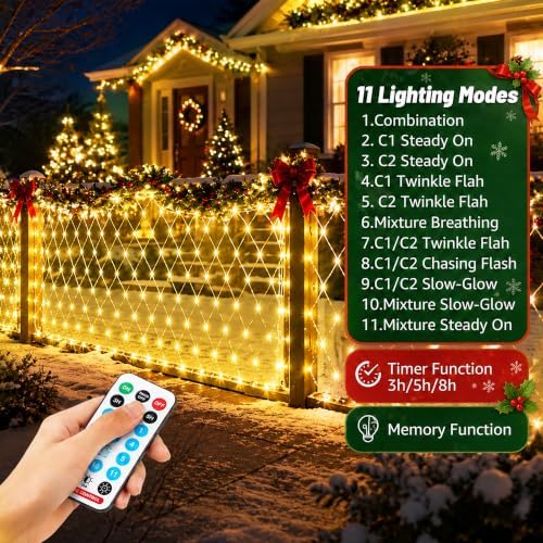 Solar Christmas String Lights Outdoor, 11 Mode 12FT x 6FT 360LED Net Light - Image 5