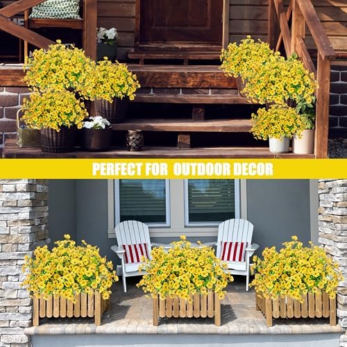 Sggvecsy Artificial Flowers for Outdoors 12 Bundles Realistic Faux Plants UV Resistant Fake Silk Daisy with Eucalyptus for Boxwood Planter Patio Porch Outside Spring Summer Decoration(Yellow) - Image 6