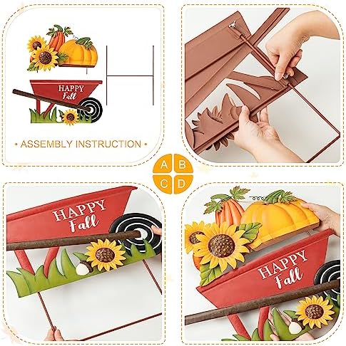 Glitzhome 30" H Fall Metal Wheel Barrow Pumpkin Yard Stake/Hanging Wall Decor,Pumpkin Wagon Cart with Happy Fall Signs,Fall Harvest Porch Decorations for Thanksgiving Autumn Halloween Party Supplies - Image 3