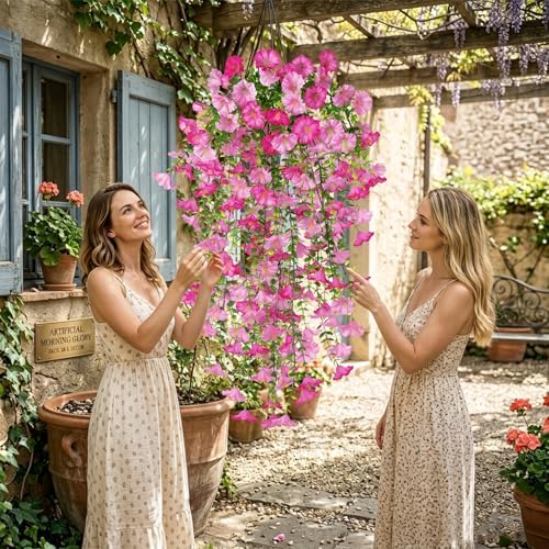 6 Pcs Artificial Hanging Flowers 30 Inch Gradient Pink Ombre Morning Glory Vines UV Resistant Fake Hanging Plants Silk Hanging Flowers for Outdoor Spring Summer Garden Window Box Home Decor - Image 3