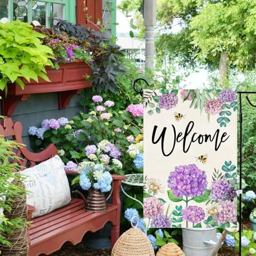 Baccessor Summer Hydrangea Garden Flag Double Sided 12x18 Inch, Purple Flower Floral Welcome Small Yard Flag Burlap Seasonal Farmhouse Yard Outdoor Decoration - Image 4