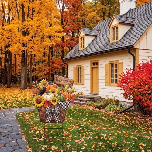 Amyhill Fall Outdoor Decor, Pumpkin Metal Garden Stakes 25 Inch Autumn Sunflowers Basket Welcome Yard Signs Rustic Fall Decorations for Outdoor Harvest Welcome Decorative Patio Lawn Walkway Decor - Image 6