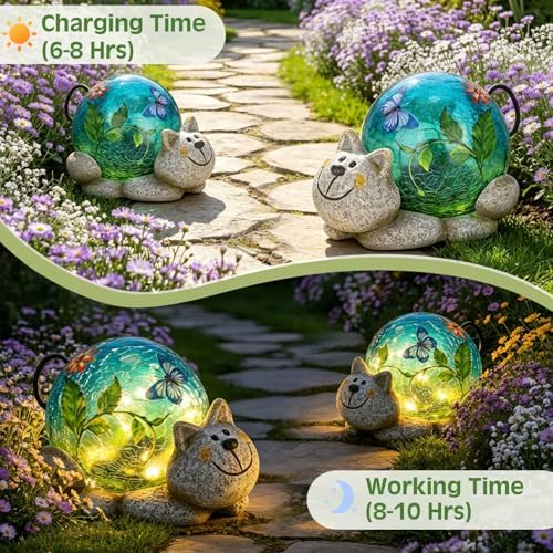 Cat Solar Garden Light, Cute Resin Statues with Crackled Glass Globe Decor - Image 3
