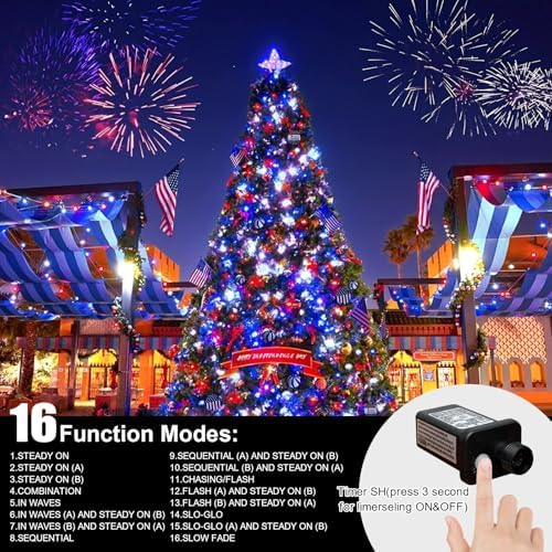 LAMPHOME 165ft 500 LED Red White and Blue Patriotic String Lights, 16 Modes Red White Blue Lights Plug in, 4th of July Lights Outdoor for Independence Day Memorial Day 4th of July Decoration - Image 2