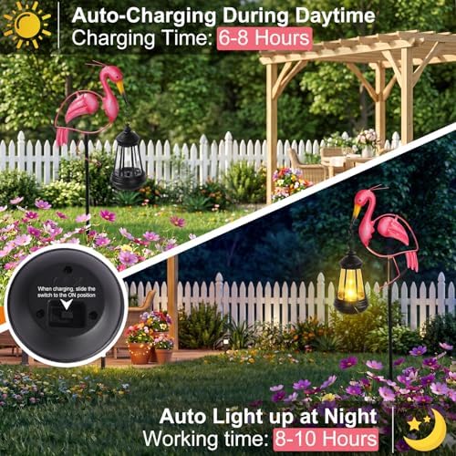 LOVERUIS Solar Garden Decor Lights Outdoor Waterproof, Metal Flamingo Stakes with Solar Lanterns, Solar Garden Lights for Decorative Yard Art Outside Patio Lawn Ornaments, Gifts for Women Mom - Image 6