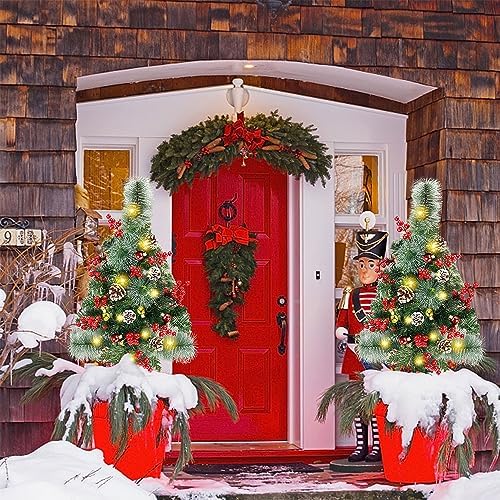 Juegoal 2 Pack 30 Inch Pre-Lit Pathway Christmas Trees, Upgrade Artificial Xmas Urn Filler with 60 LED Lights, Red Berries and Pine Cones Ornaments, Battery Operated Holiday Décor for Driveway, Yard - Image 4