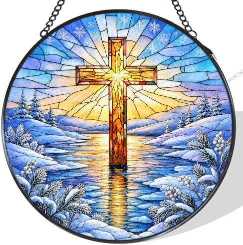 Winter Cross Stained Glass Window Hanging Suncatcher 7.8x7.8 in by Unknown