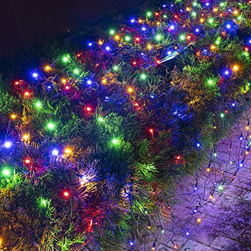 Dazzle Bright Christmas 200 LED Net Lights, 9.8 FT x 6.6 FT Connectable Mesh Lights Clear Wire with 8 Lighting Modes, Christmas Decorations for Indoor Outdoor Bush Yard Garden Decor (Multi-Colored) by DazzleBright