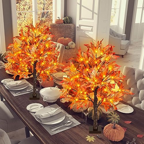 2 Pack 24 Inch Fall Lighted Maple Tree with 72 LEDs, 144 Leaves, 12 Acorns, Timer Battery Operated, 2Ft Thanksgiving Decorations Table Lights Tree for Autumn Wedding Party Gift Indoor Harvest Home - Image 6