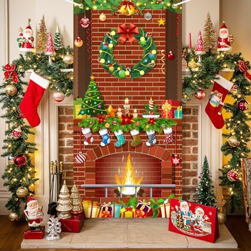 Christmas Door Cover Fireplace Decoration Xmas Large Photography Background Banner Porch Sign for Winter Indoor Outside Front Door Banner Farmhouse Party Supplies 6 x 3 Feet Fireplace - Image 4