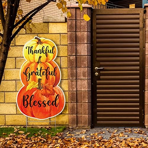 Spiareal Fall Outdoor Decorations Thanksgiving Pumpkins Yard Stake 3 Stacked Pumpkins Yard Sign 27 Inch Thankful Grateful Blessed Rustic Fall Harvest Outdoor Pumpkin Decor for Garden Lawn Decoration - Image 4