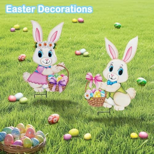 Easter Decorations Outdoor,2 Pack Metal Easter Egg Bunny Yard Signs for Outside,Cute Bunny Garden Stakes for Lawn,Yard,Rabbit Gifts for Women - Image 2