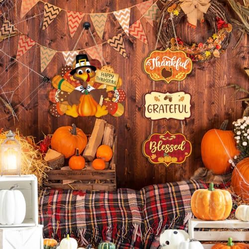 Thanksgiving Decoration Wood Pumpkin Turkey Door Wall Wreath for Front Door Sign Thankful Blessed Grateful, Pumpkin Sign for Fall Autumn Harvest Home Thanksgiving Party Outdoor Halloween Decoration - Image 7