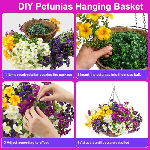 2 Set Artificial Outdoor Flowers with Hanging Baskets,24 Pcs UV Resistant Faux Petunias Flowers with Hanging Planter for Front Door Porch Spring Outside Decor (2, White,Yellow,Purple,RedViolet) - Image 7