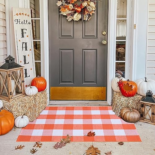Ckorzen Fall Plaid Rug 28" x 43", Orange and White Buffalo Check Front Porch Outdoor Layered Doormat, Cotton Hand-Woven Washable Rug for Halloween Thanksgiving Autumn Decor by Ckorzen