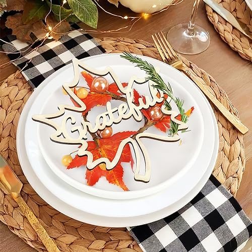 12 Pcs Thanksgiving Maple Leaf Pumpkin Wooden Plate Decor Grateful Wood Cutouts Fall Autumn Thankful Blessed Favour Gather Party Place Card Table Settings Signs for Farmhouse Dining Table Harvest - Image 7