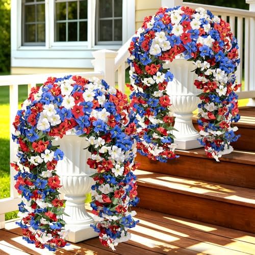 Artificial Hanging Flowers for Outdoors, 4 PCS 544 Blooms UV Resistant Morning Glory Faux Silk Vines, No-Odor Realistic Fake Plants for Garden Planter Porch Patio Decoration, Red Blue White by JulakoOnline