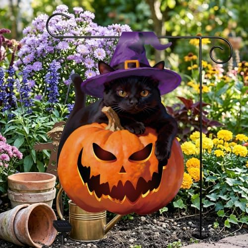 12 x 18 Inches Lighted Halloween Black Cat Pumpkin Garden Flag Decorations - Solar Powered Vertical Yard Flag with LED Lights, Witch Cat Jack O Lantern Printed Outdoor Porch Lawn Halloween Decor - Image 5