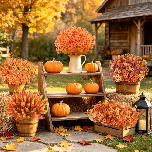 AmyHomie 16 PCS Artificial Fall Flowers for Outdoors, Orange Fake Mums - Image 6