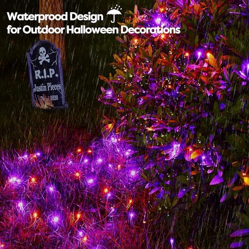 WBao Orange Purple Halloween Lights Outdoor 200LED F8 Big Bulbs, 8.4ft x 5.2ft Halloween Net Lights with 8 Modes, Timer, Connectable, Waterproof & Dark Green Wire for Lawn, Bushes Outdoor Decorations - Image 4