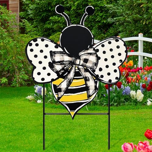 Weysat Summer Yard Sign Polka Dot Bee Metal Decoration Outdoor 13.7 Inch Summer Decoration for Home Outdoor Honey Bee Welcome Porch Decor with Stakes Waterproof for Garden Patio Lawn Party Walkway by Weysat