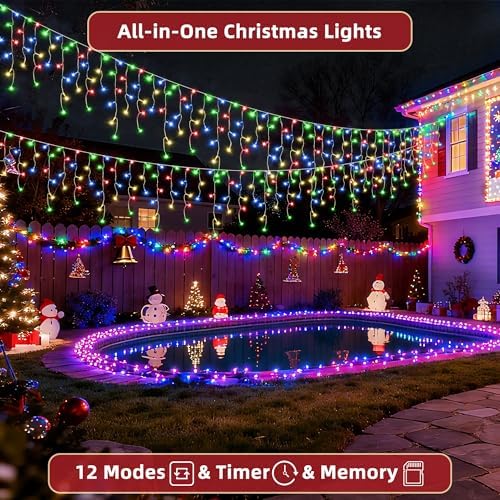 810 LED Christmas Lights Outdoor 82FT with 180 Drops, Christmas Decorations Hanging Lights 12 Modes, Dimmable Outsite Fairy String Lights for Wedding Party Holiday Winter Wonderland Decor Multicolor - Image 3