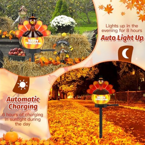 1 Pack Thanksgiving Decorations Outdoor Turkey Solar Lights, Hand Painted Fall Solar Stake Lights, Thanksgiving Turkey Decor for Garden Yard Lawn Pathway Walkway Driveway Patio Front Porch - Image 5