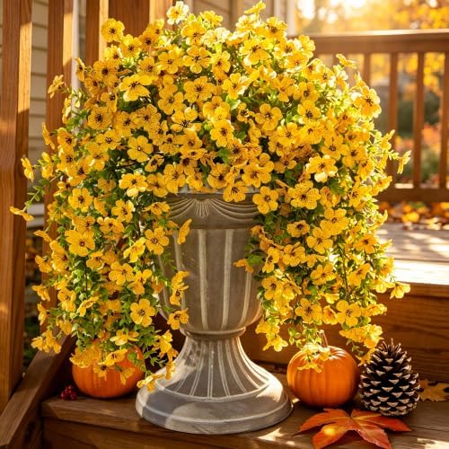 HyeFlora Artificial Hanging Flowers for Outdoors Decoration, 2pcs Fake Daisy with Eucalyptus Leaves for Garden Yard Porch (Yellow) by HyeFloraartificialflowers