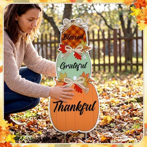 Thyle 2 Pcs Large Fall Front Porch Decoration Outdoor Pumpkin Porch Sign Yard Stake Outside Autumn Garden Stakes Harvest Welcome Decor Blessed Thankful Yard Signs for Front Door Garden Patio Lawn - Image 5