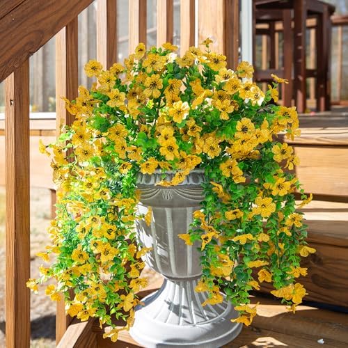 INSPRING Artificial Flowers Fall Faux Outdoor Outside Plants, 2 PCS Fake Silk UV Resistant Look Real Yellow Daisy Trailing Vines for Front Door Porch Planter Urn Patio Balcony Decoration - Image 6