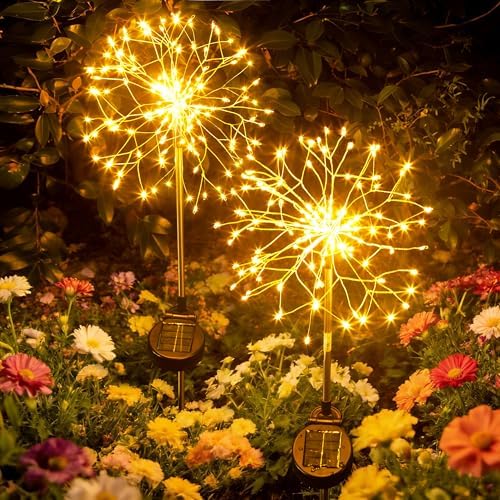 Solar Garden Lights Outdoor Yard Decorations, 2 Pack 150Leds Pathway Lights Stake, Fairy Firework Light for Garden, Patio, Pathway, Flowerbed Gold Color by WhereLightInspires
