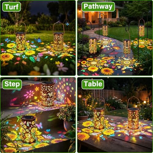2Pack Colorful Solar Lanterns Outdoor Waterproof, Garden Decor Gifts for Women Mom Grandma - LED Sunflower and Butterfly Solar Powered Lights Metal Hanging Lantern for Outside Garden Patio Yard Porch - Image 4