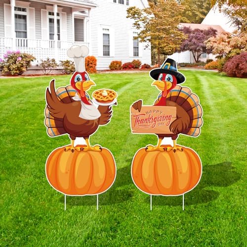 Large Thanksgiving Turkey Plastic Yard Signs 2pc with Stakes by AroscheBanners