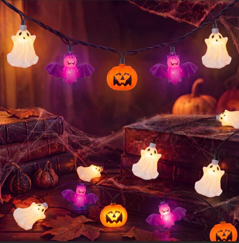 8.5FT 10 LED Halloween Pumpkin Bat Ghost String Lights Outdoor, Linkable by Goothy