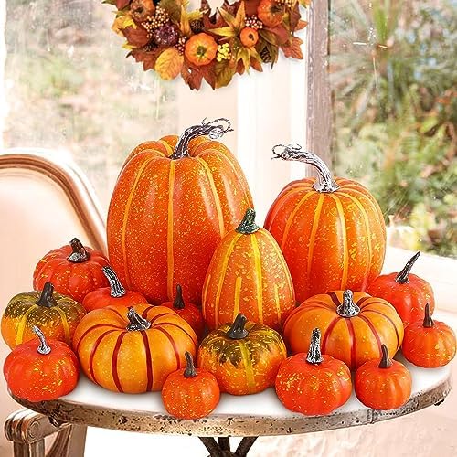 Ywlake 16 Pcs Pumpkin Fall Decorations, Decorative Large Small Outdoor Orange Foam Plastic Fake Faux Artificial Pumpkins for Halloween Autumn Harvest Festival Home Table Decor by Ywlake