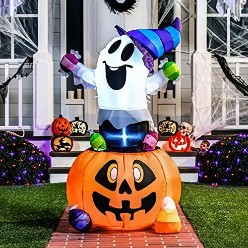 Joiedomi 5 FT Tall Halloween Inflatable Ghost Outdoor Decor, Blow Up Ghost Gripping Candy on Pumpkin with LED Lights, Halloween Yard Decoration for Garden - Image 4