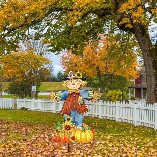JarThenaAMCS 33" H Fall Large Scarecrow Metal Garden Stakes Rustic Pumpkin Pile Scarecrow Decorative Lawn Sign for Autumn Thanksgiving Home Outside Lawn Porch Decor - Image 6