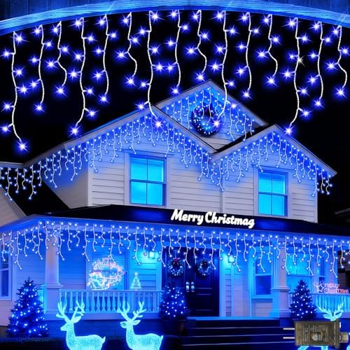 JXLEDAYY 65 FT 640 LED Christmas Lights Outdoor Decorations Clear Wire String Lights Plug in 120 Drops 8 Modes Memory Timer Connectable Curtain Fairy Lights Waterproof for Holiday Wedding Party-Blue by JXLEDAYY