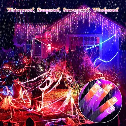 JXLEDAYY 65 FT 640 LED Halloween Lights Outdoor Decorations Clear Wire String Lights Plug in 120 Drops 8 Modes Memory Timer Curtain Fairy Lights Waterproof for Holiday Wedding Party-Orange and Purple - Image 6