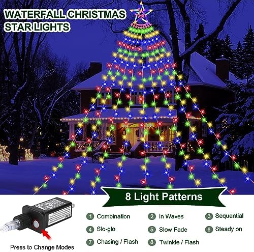 Christmas Decoration Lights, Outdoor Christmas String Lights 320 LED 11.5Ft Waterfall Tree Light with Big Star Topper Waterproof 8 Light Modes for Xmas New Year Holiday Yard Outdoor Indoor Decor - Image 3