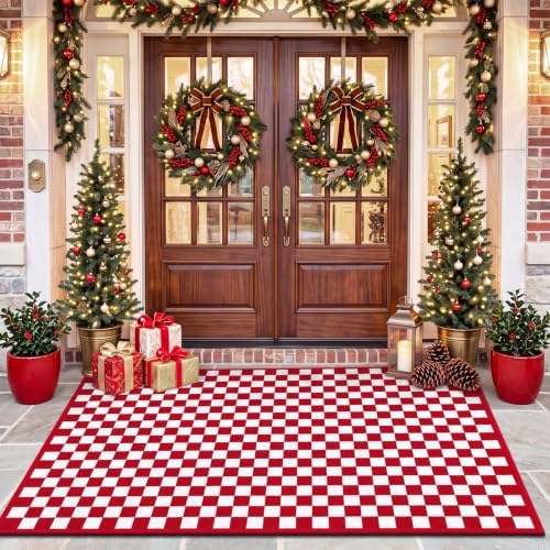 Duraaamo Red White Checkered Rug 3' x 5' for Christmas Outdoor Decor by Duraaamo