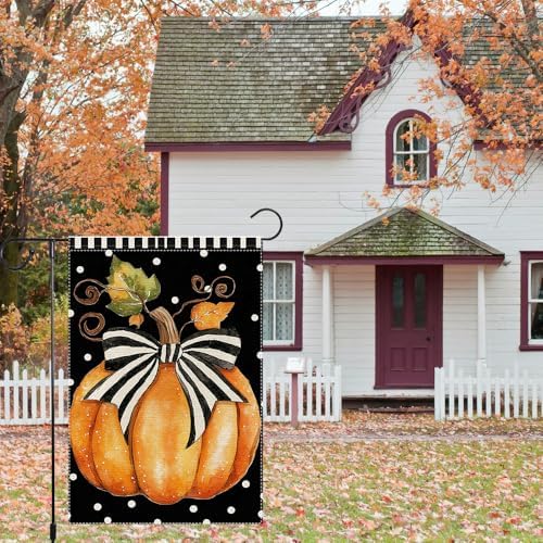 Fall Garden Flag Polka Dots Bowknot Pumpkin Garden Flags For Outside Burlap Decor, Thanksgiving 12x18 Inch Double Sided Vertical Autumn Decor Patio Lawn Yard Outdoor Decoration - Image 5