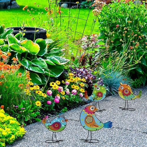 4 Pack Bird Garden Decor for Outside, Glass & Metal Yard Art Decoration for Porch Patio, Garden Statues Sculpture Gifts for Grandma Mom Women (Colorful) - Image 6