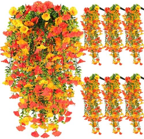 6 Pcs Artificial Hanging Flowers 30 Inch Yellow Orange Morning Glory Vines UV Resistant Fake Hanging Plants Silk Hanging Flowers for Outdoor Fall Autumn Thanksgiving Garden Patio Window Decor by Sariiraw